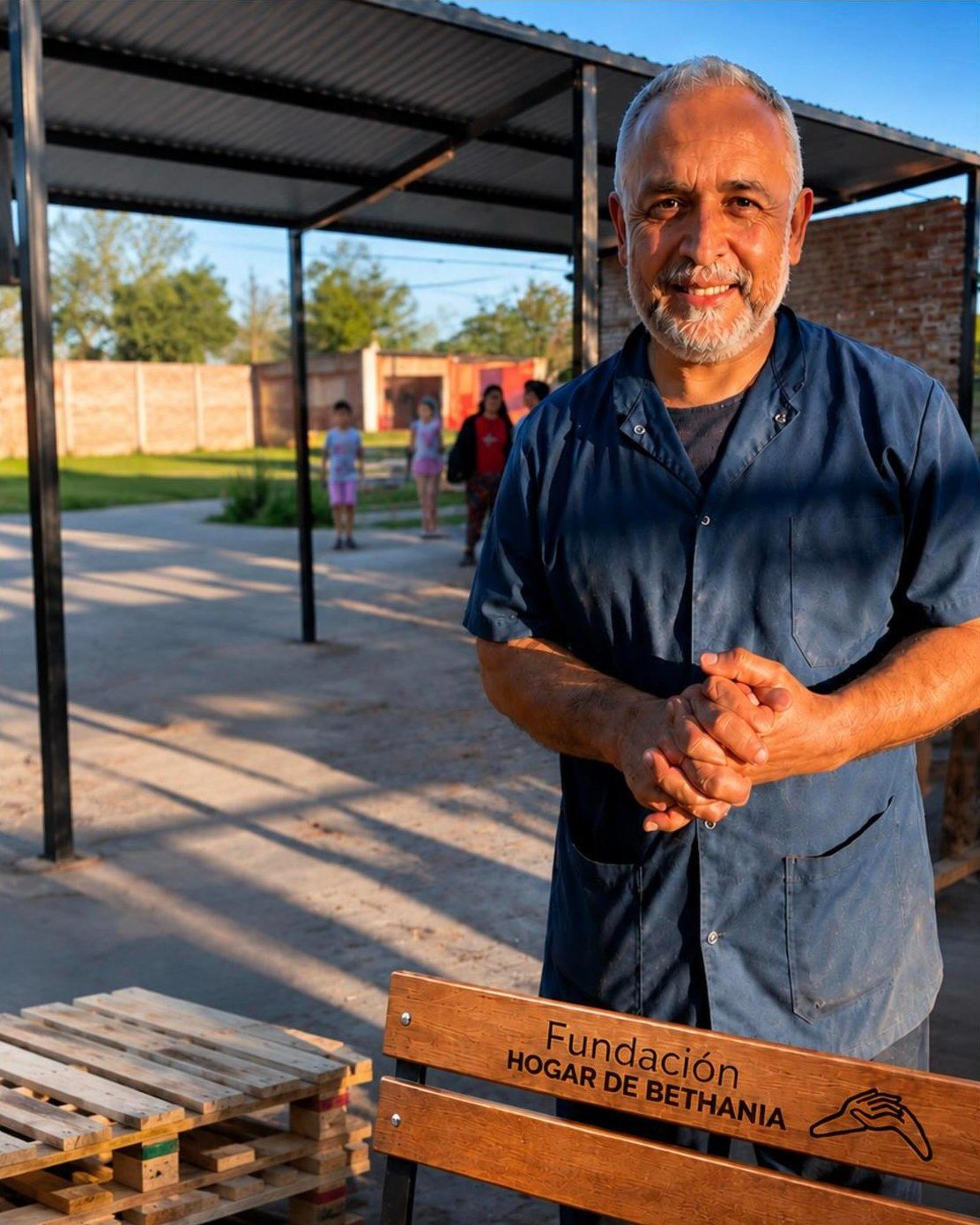 Banco donado al merendero, con el logo de la Fundación